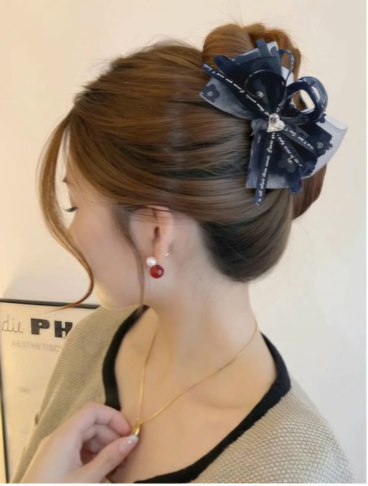 Heart Stone Net Bow Claw+Clip Set (Black)