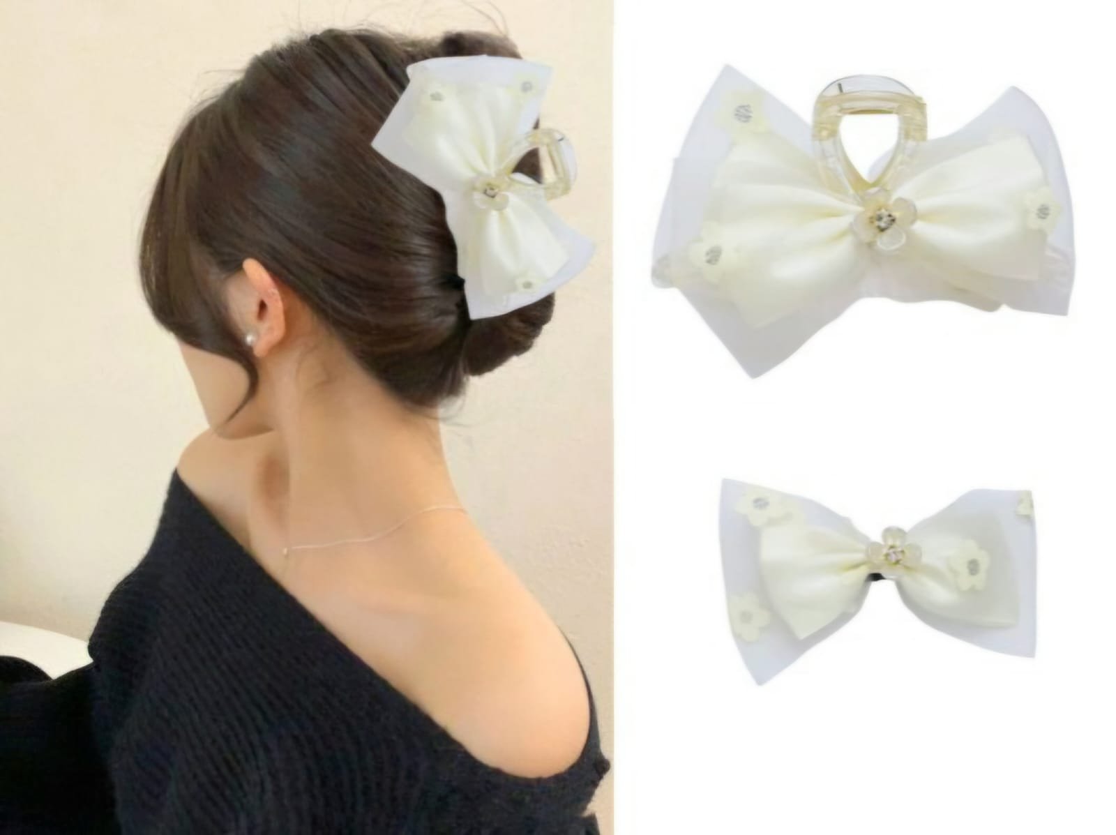 Plastic Flower Net Bow Claw+Clip Set (White)